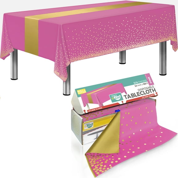 Baby Shower Pink and Gold Plastic Tablecloth Roll 54in X 100ft with Built in Cutter Box, Table Cover for Party, Picnic, Events Tablecloths Disposable