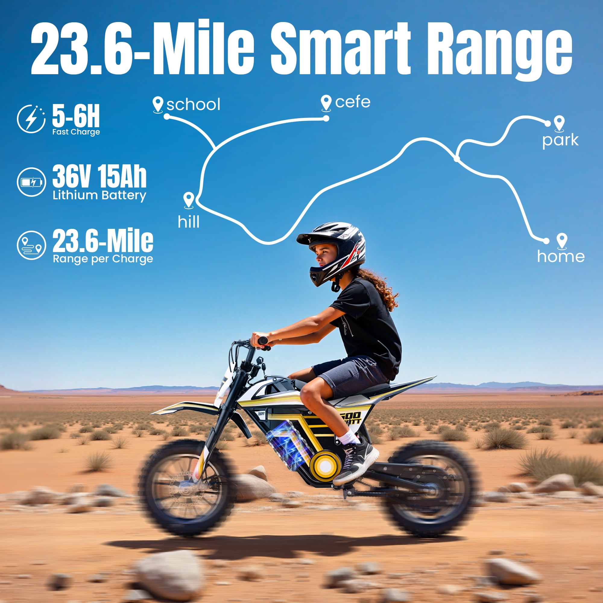 QEASET electric dirt bike, 500W kids dirt bike for Boys Girls Age 8-14, Yellow