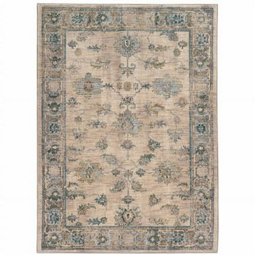 HomeRoots 4' X 6' Ivory Blue Gold And Grey Oriental Power Loom Stain Resistant Area Rug
