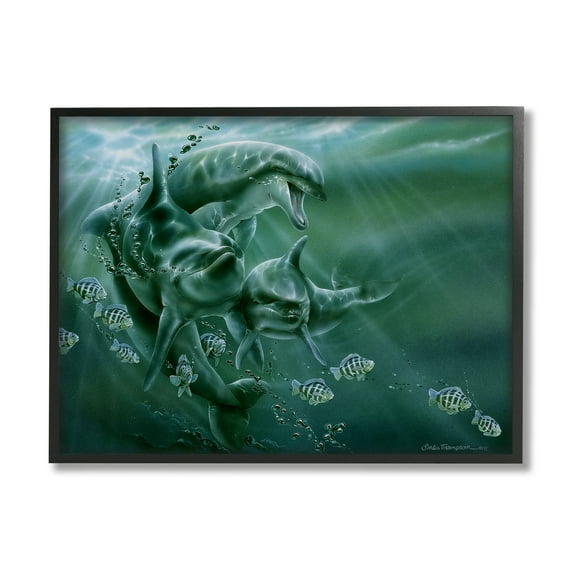Stupell Industries Underwater Dolphins and Fish Coastal Painting Black Framed Art Print Wall Art