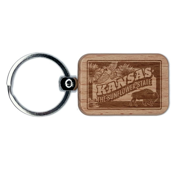Kansas Sunflower Meadowlark Bison United States Rectangle Keychain Charm Tag - Engraved Wood