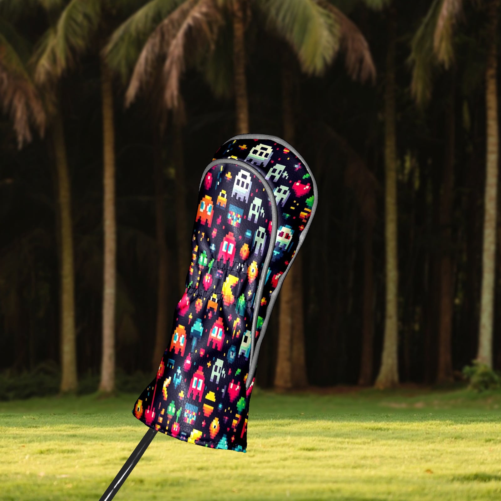 Golf Club Covers, Colorful Pixel Games Premium PU Leather Driver Hybrid Putter Head Covers with Velvet Lining, Waterproof Golf Gifts for Men Women