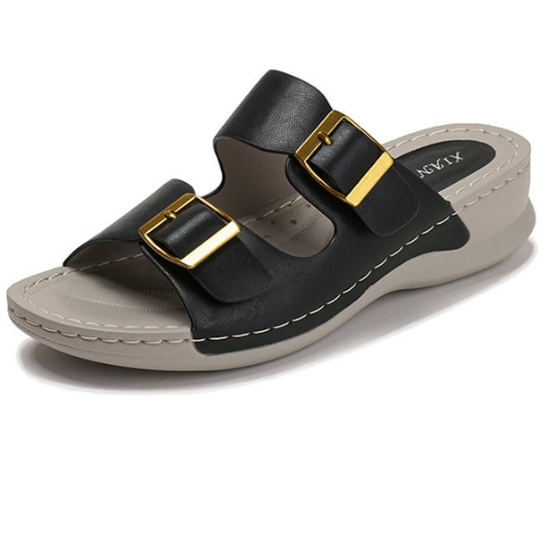 Sandalias de cuña con correa de doble hebilla sandalias de verano cómodas zapatos de verano de los pies abiertos para mujeres