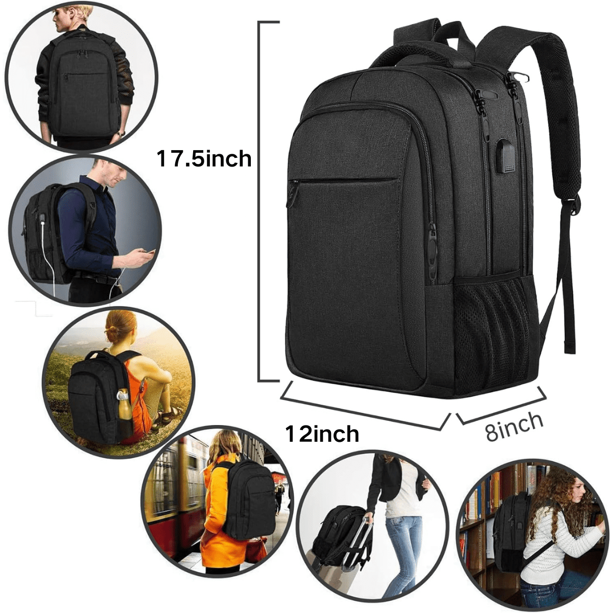 GlneYos Travel Laptop Backpack for Men,Business Backpack with Usb Charging Port, 17.3 inch Extra Large  waterproof Lightweight College Computer Bag,Black