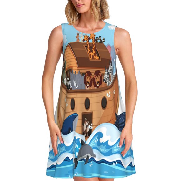 Naloa Animals on Noah's Ark Print Women's Summer Spring Casual Beach Sundress,Vacation Sleeveless Tank Crewneck Loose Dresses