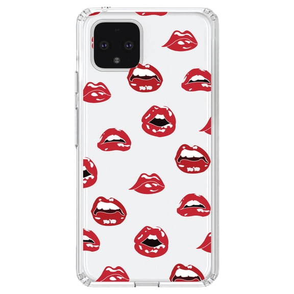 DistinctInk Clear Shockproof Hybrid Case for Google Pixel 4 (5.7" Screen) - TPU Bumper, Acrylic Back, Tempered Glass Screen Protector - Red Lips