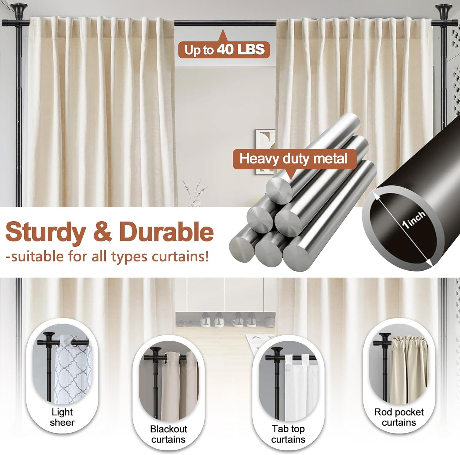 CHEASYOU Black Room Divider Curtain Rod, No Drilling Room Curtain Divider, Adjustable 4-10 ft(H) 28-70 inch(W) Heavy Duty Floor to Ceiling Tension Curtain Rod