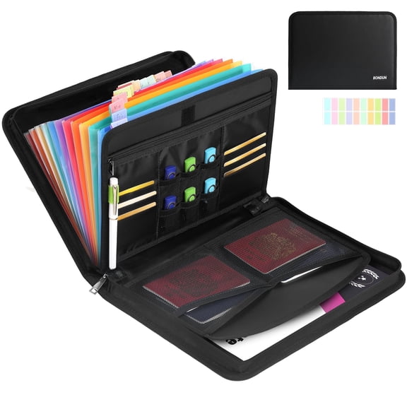 Accordion File Organizer, Fireproof Expanding File Folder with 13 Pockets Document Organizer with Handle & Labels, Portable Home Travel Safe Storage for Letter A4 Files and More, Black