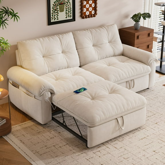 77" Sleeper Sofa with Pull-Out Bed, 2-in-1 Convertible Sofa Bed with Adjustable Backrest, Flannelette Loveseat with Side Pocket, for Living Room Dorm Apartment, Beige