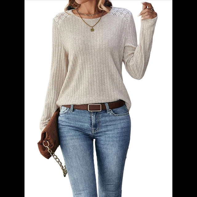 Camisa Informal de Cuello Redondo para Mujer, Blusa de Encaje con Retazos, Suéteres Tipo Jersey, Túnica de Larga de Color Liso. Albaricoque L