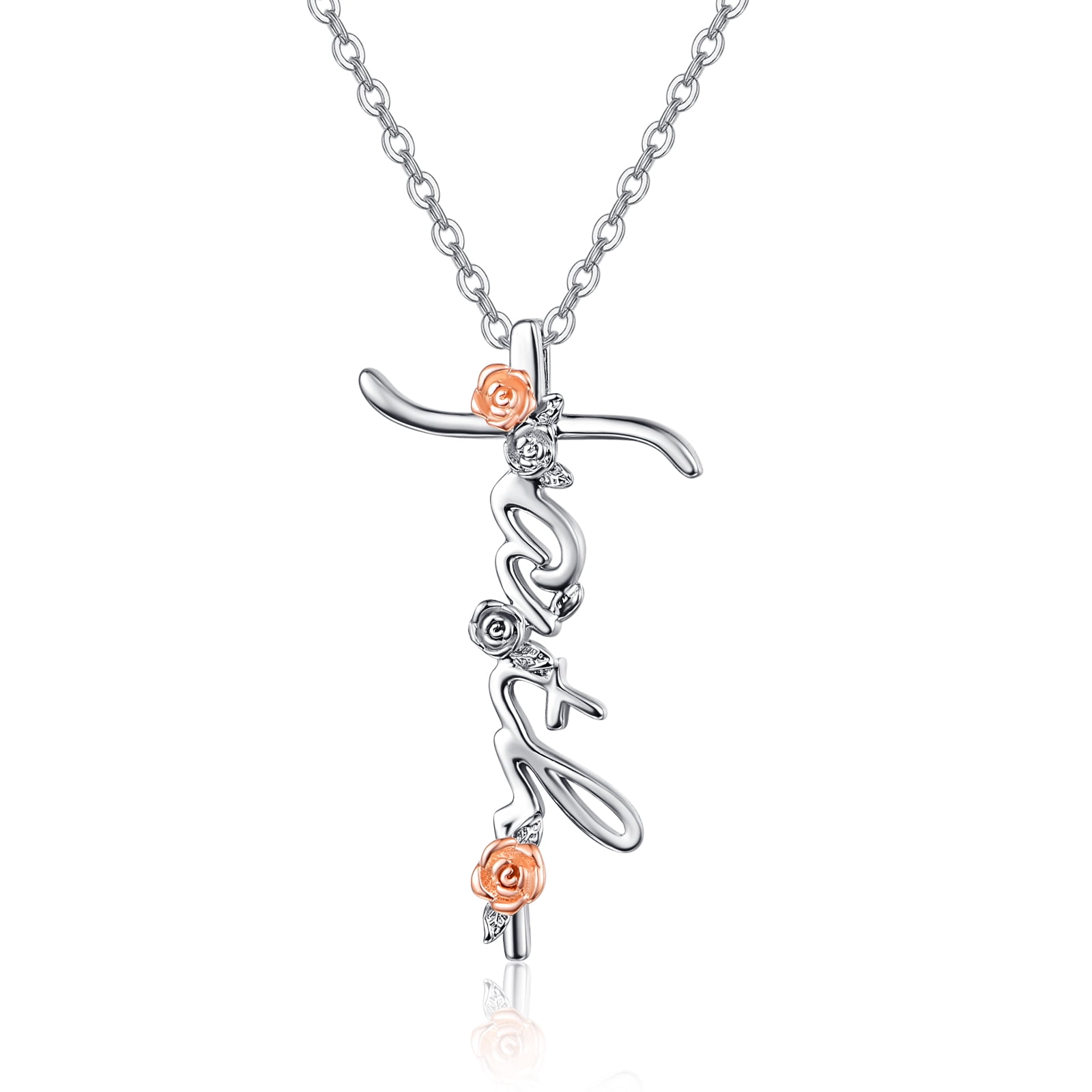 TANGPOET Faith Rose Cross Necklace 925 Sterling Silver Pendant for