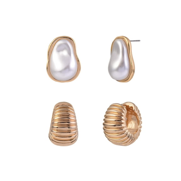 Time and Tru Women's Textured Huggie and Wavy Acrylic Pearl Goldtone Post 2pc Earring Set