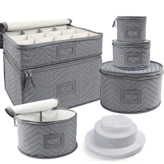 China Storage Containers - Quilted 6-Piece Set Storage Box- Stores Chinaware, Stemware, Dinnerware, Dish Storage Service for 12, 48 Pcs Felt Protectors, Cardboard Dividers Included