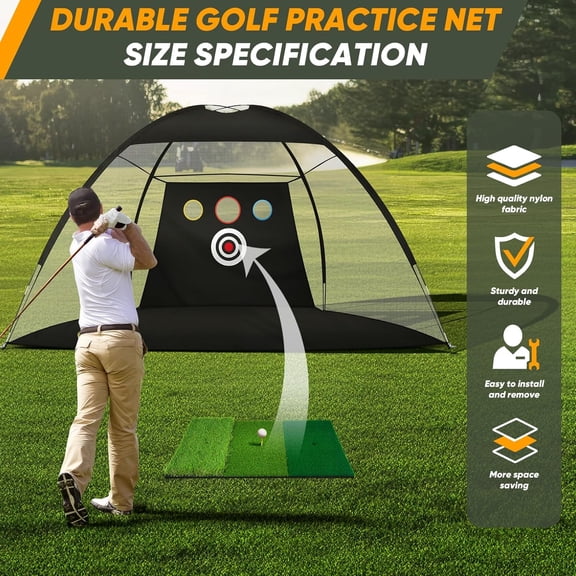 10x7Ft Golf Practice Net, Golf Net for Backyard Driving Real GolfBalls, All in 1 Golf Hitting Nets with Tri-Turf Mat, Impact Target, 10 Balls, 7 Tees, 2 Rubber Tees, Carry Bag