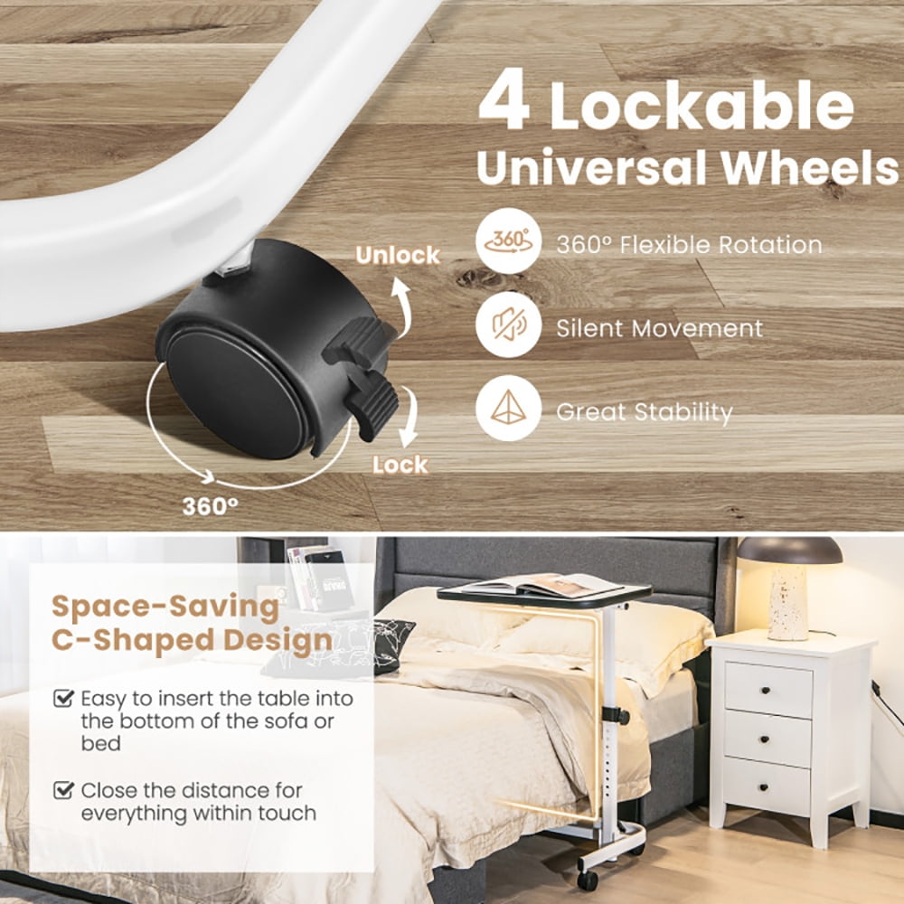 Finihen Rolling Overbed Side Table, Sofa Side Table, Bed Side Table, Bedside Table with 9-Level Adjustable Height, for Living Room, Bedroom, White Finihen Rolling Overbed Side Table, Sofa Side Table, Bed Side Table, Bedside Table with 9-Level Adjustable Height, for Living Room, Bedroom, White