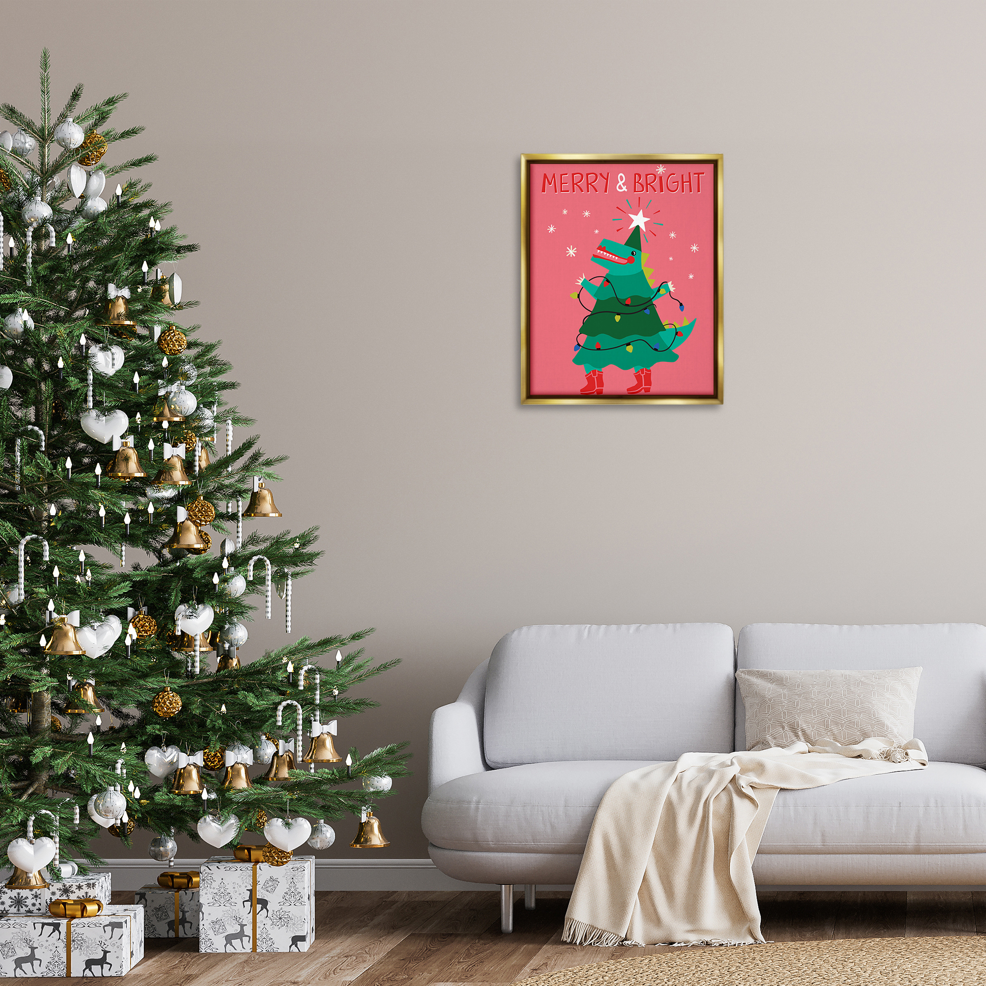 Stupell Industries Merry and Bright Dinosaur Holiday Painting Gold Floater Framed Canvas Art Prints Wall Art, 25 x 31