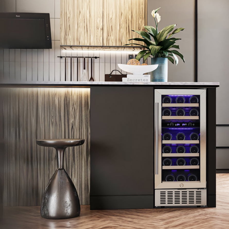 KNDKO 15" Wine Cooler Refrigerator, 28 Bottles Dual Zone Freestanding Fridge with Stainless Steel & Double-Layer Tempered Glass Door