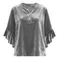 thumbnail image 5 of Tnhcen Women's Plus Size Ruffle Sleeve V Neck Velvet Blouse Shirt Casual Top 100% Polyester Gold Finger Button Front 7/8 Sleeve Tunic Black White Navy, 5 of 6