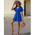 thumbnail image 4 of Womens Summer Solid Casual V-Neck Beach Dress Ruffle Short Sleeve Loose Dress Blue L, 4 of 6