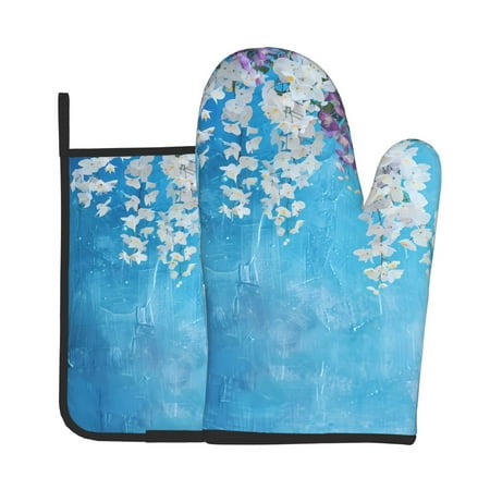 

Lukts Hanging Orchids Floral Blue Print Kitchen Heat-Resistant Gloves and Spacers 2pcs Set Suitable for Baking and Cooking