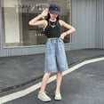 thumbnail image 3 of MKOSPLRT 3-12Y Ripped Denim Shorts for Girl Elastic Waisr Distressed Washed Knee Length Bermuda Jean Shorts Straight Wide Leg Shorts Pocket, 3 of 10