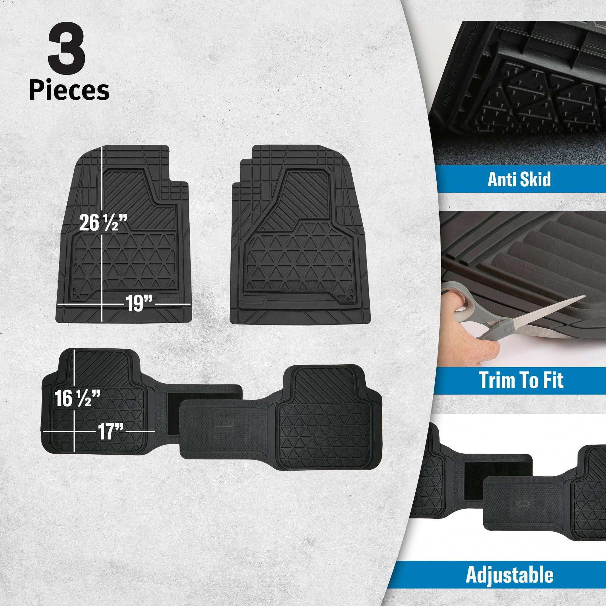 Genuine Dickies 3 Piece Rubber Floor Mat Set Adjustable Rear Mats Black, 88100WDI