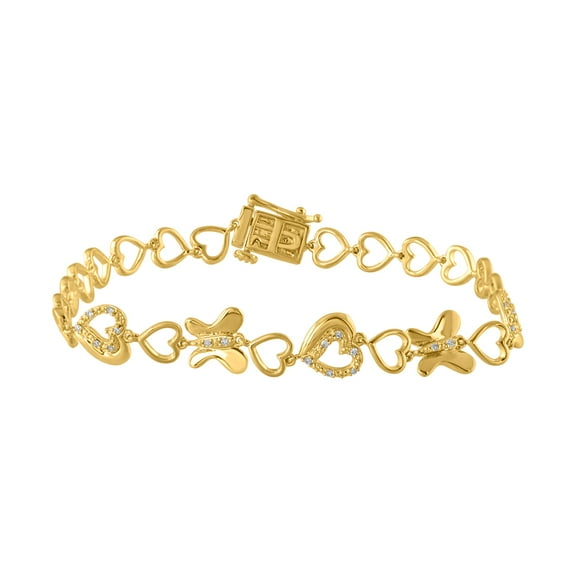 1/10 Carat Heart and Butterfly Shaped Diamond Bracelet in 10K Yellow Gold (7.5 Inch)