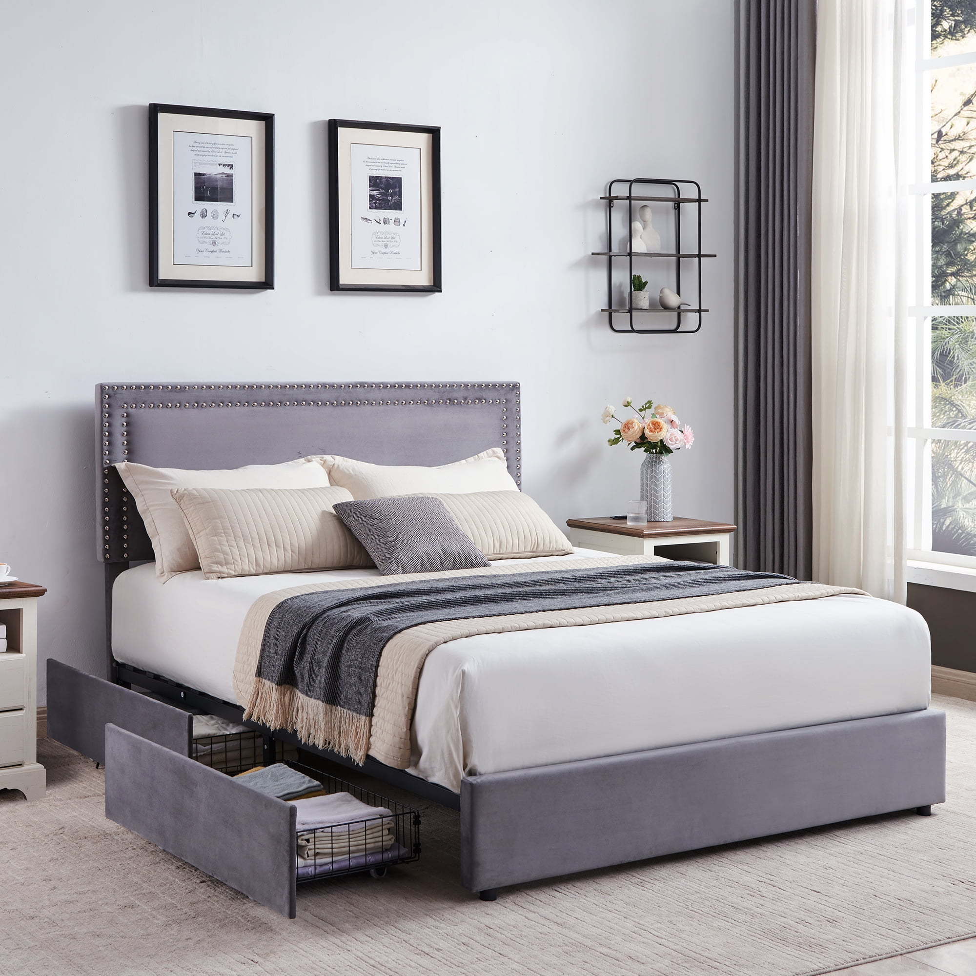 VECELO Full Bed Frame with 4 Storage Drawers (Wheeled) and Tufted Upholstered Adjustable Headboard Platform Bed, Beige