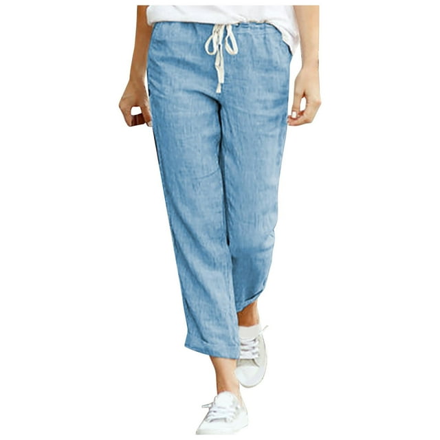 Yuyuzo Womens Cotton Linen Slacks Plus Size Lounge Pants Drawstring Waist Straight Leg Trousers Solid Color