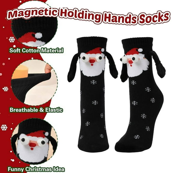 Avrnliq Magnetic Holding Hands Christmas Socks - Unisex Black Santa Socks with Googly Eyes, Nylon-Spandex, One Size, Novelty Holiday Gift & Photo Prop,Size Free Size