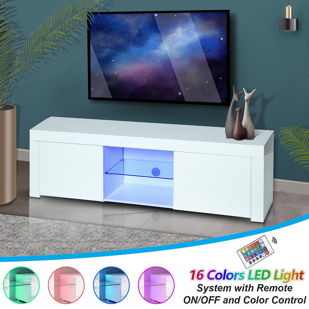 GOTOTOP Modern TV Cabinet Unit Entertainment Stand with RGBW LED Strip Remote Control Home Decor White Matt and White High Gloss for living room 130x35x45cm 