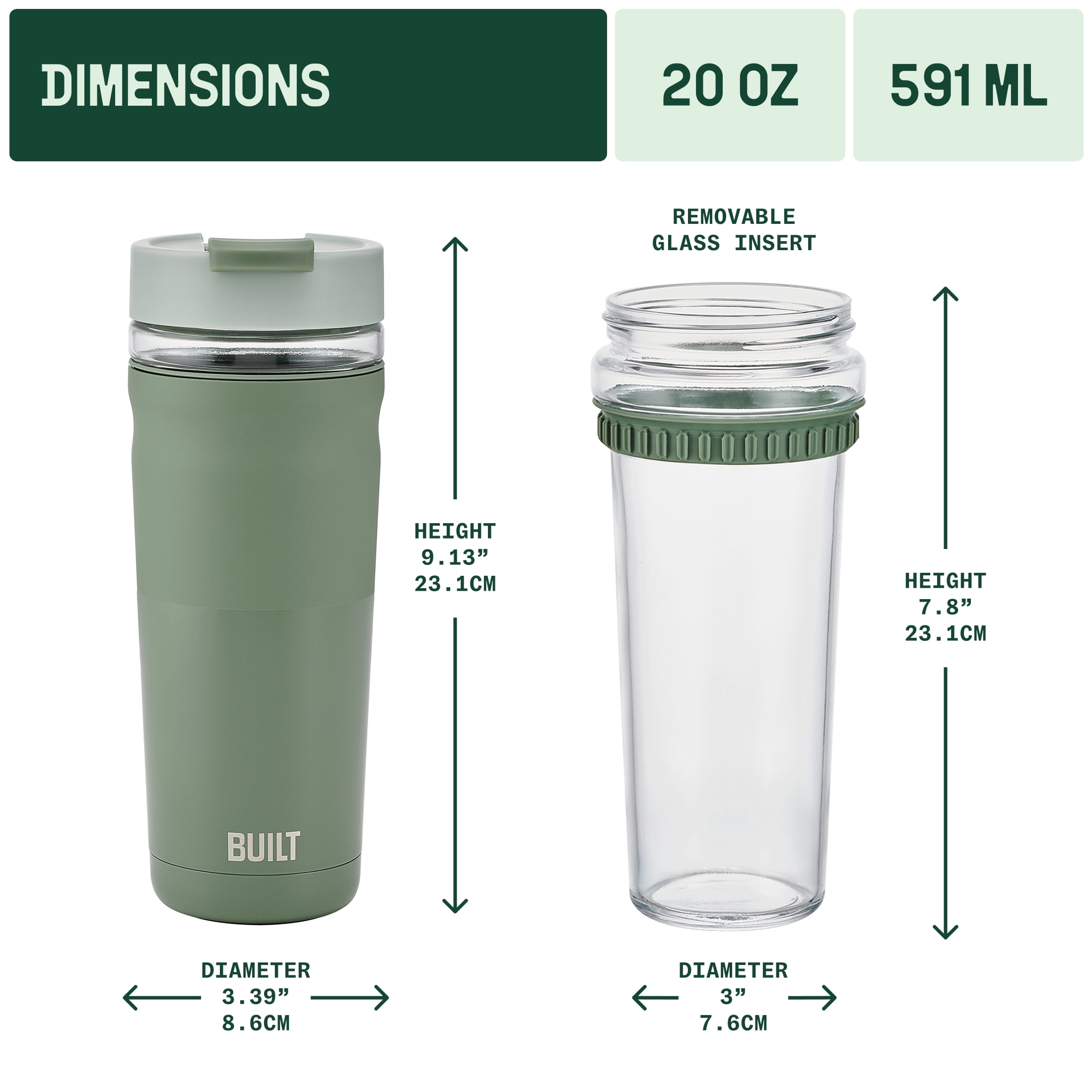 Built GlassX 20 Oz Two-Tone Sage Insulated Stainless Steel Tumbler With Glass Interior