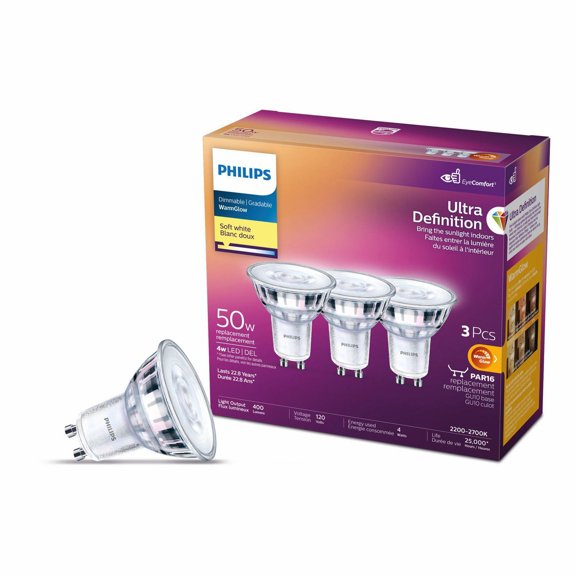 PHILIPS 4W GU10 Base Soft White Warm Glow Ultra Definition Dimmable LED Light Bulbs - 3 Pack
