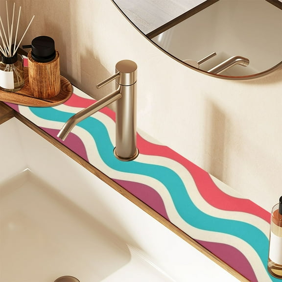 Faucet Mat for Kitchen Sink 30'' Sink Splash Guard Mat Super Absorbent Fast Drying Drain Pad Colorful Wavy Line 2 Pack