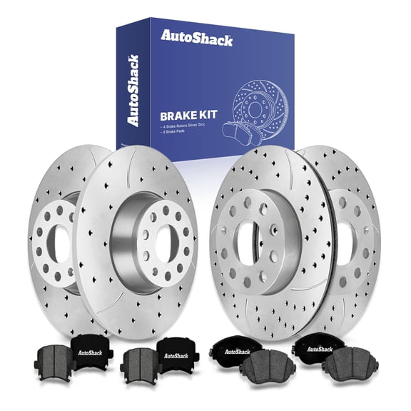 AutoShack Front Vented & Rear Solid Drilled & Slotted Silver Zinc Coated Brake Rotors   Premium Ceramic Pads 12-PC Brake Kit Replacement for 2017 Volkswagen GTI 2015 Volkswagen GTI SilverShield Pro