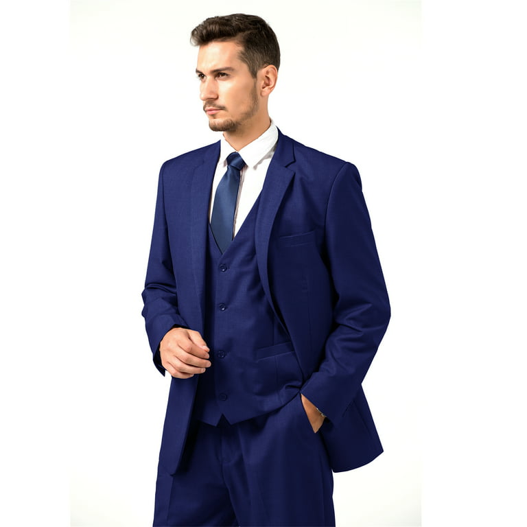 Wehilion Mens Suits Set Slim Fit Men 3 Piece Dress Suit Prom Blazer Wedding  Formal Jacket & Vest & Pants Navy Blue M