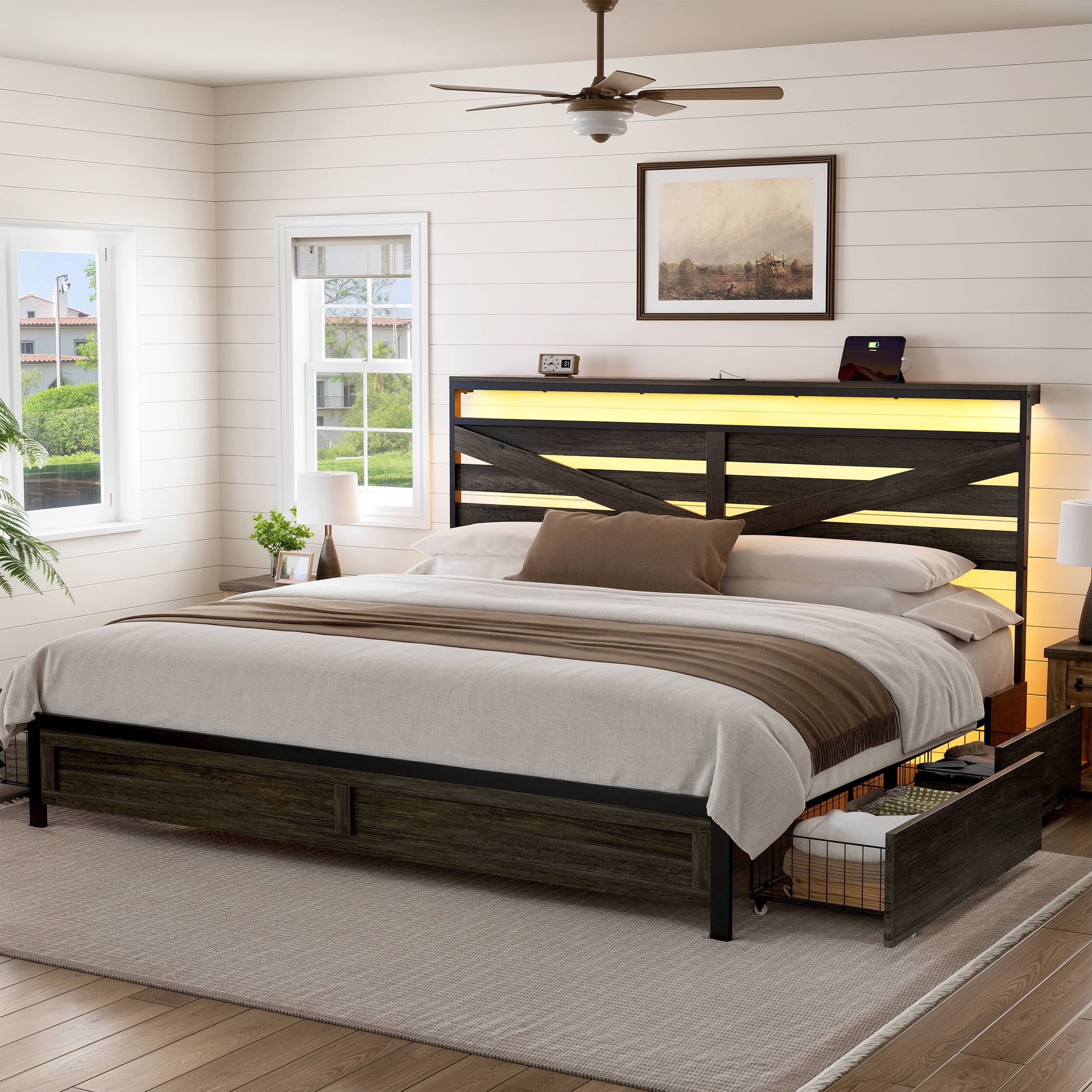 GUNAITO King Bed Frame with Storage Headboard & 4 Drawers, Dark Gray Industrial Metal Platform Bed with Charging Station and LED