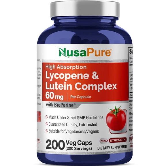 NusaPure Lycopene & Lutein Complex 60mg per Caps, 200 Veggie Capsules (Non-GMO, Vegan)