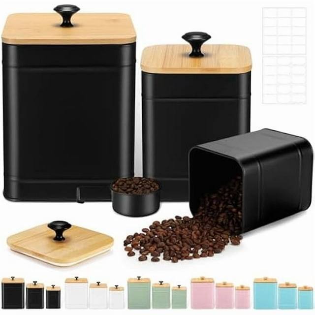 W829 Kitchen Canisters for Countertop Set of 3 Metal Canisters Sets with Bamboo Lids Spoon Airtight High Capacity Coffee Tea Sugar Flour Jars with DIY Labels Farmhouse Food Storage(Black,L,M,S)