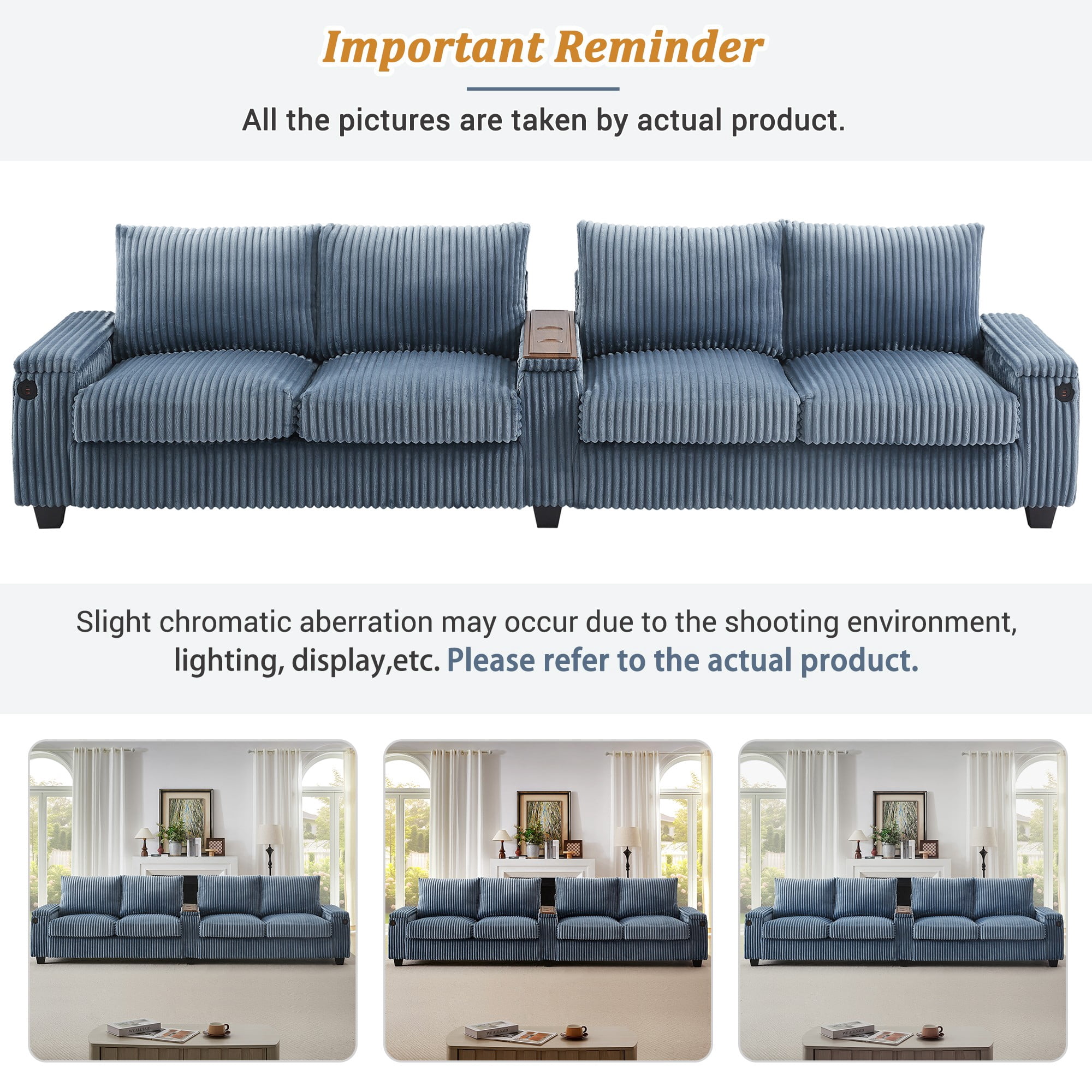 133" Modern Sofa,4-seater Corduroy Sofa Couch with USB Ports,Hidden Storage Arms, Flip-Top Cup Holders for Living Room,Blue