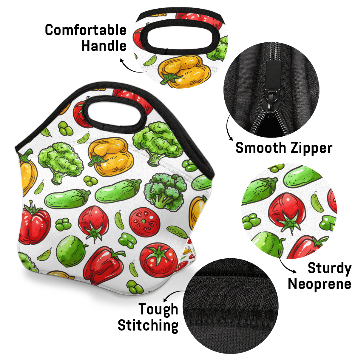 Herdesigns Colorful Neoprene Lunch Bag, Vegetable Print Insulated Lunch Box for Women Men Washable Lunch Tote Soft Lunch Container With Zipper for Work Picnic Travel