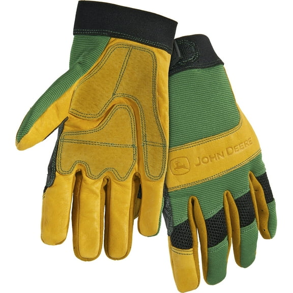 Men's John Deere Cowhide Work Gloves with Spandex Back (Green/Tan)(2XL) - LP47143