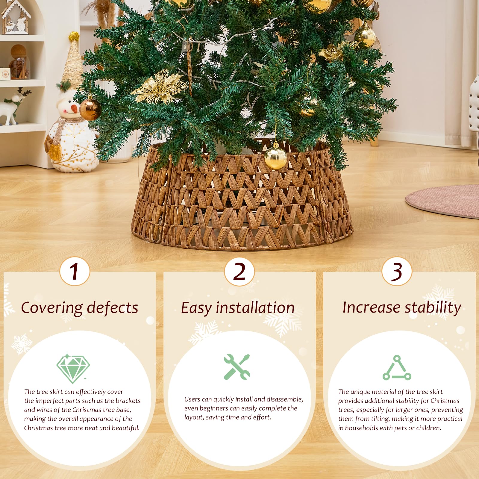Hand-Woven Natural Water Hyacinth Christmas Tree Collar - Cord Cutout Design, Rustic Eco-Friendly Holiday Decor for Home