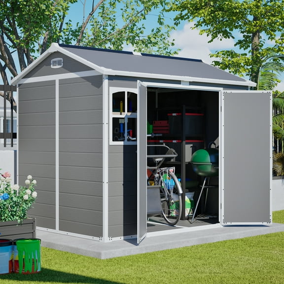 8 x 6 Ft Outdoor Plastic Storage Shed with Floor, Waterproof Sheds Kit with Window and Lockable Door for Garden Backyard Patio Outside Tools Shelter