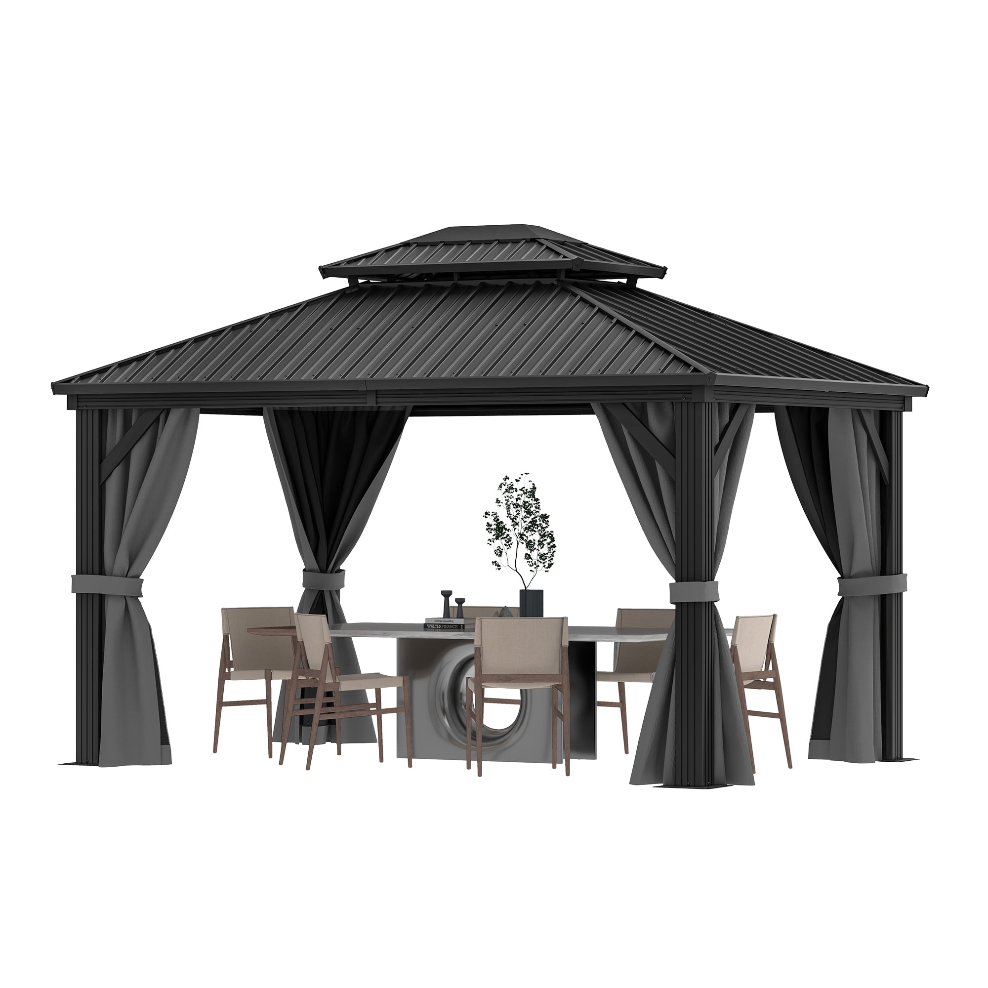 Dextrus 10x12FT Outdoor Hardtop Gazebo with Nettings & Gray Curtains,Heavy Duty Double Roof  Galvanized Steel Canopy, Sunshade for Garden, Patio, Lawns, Black&Gray
