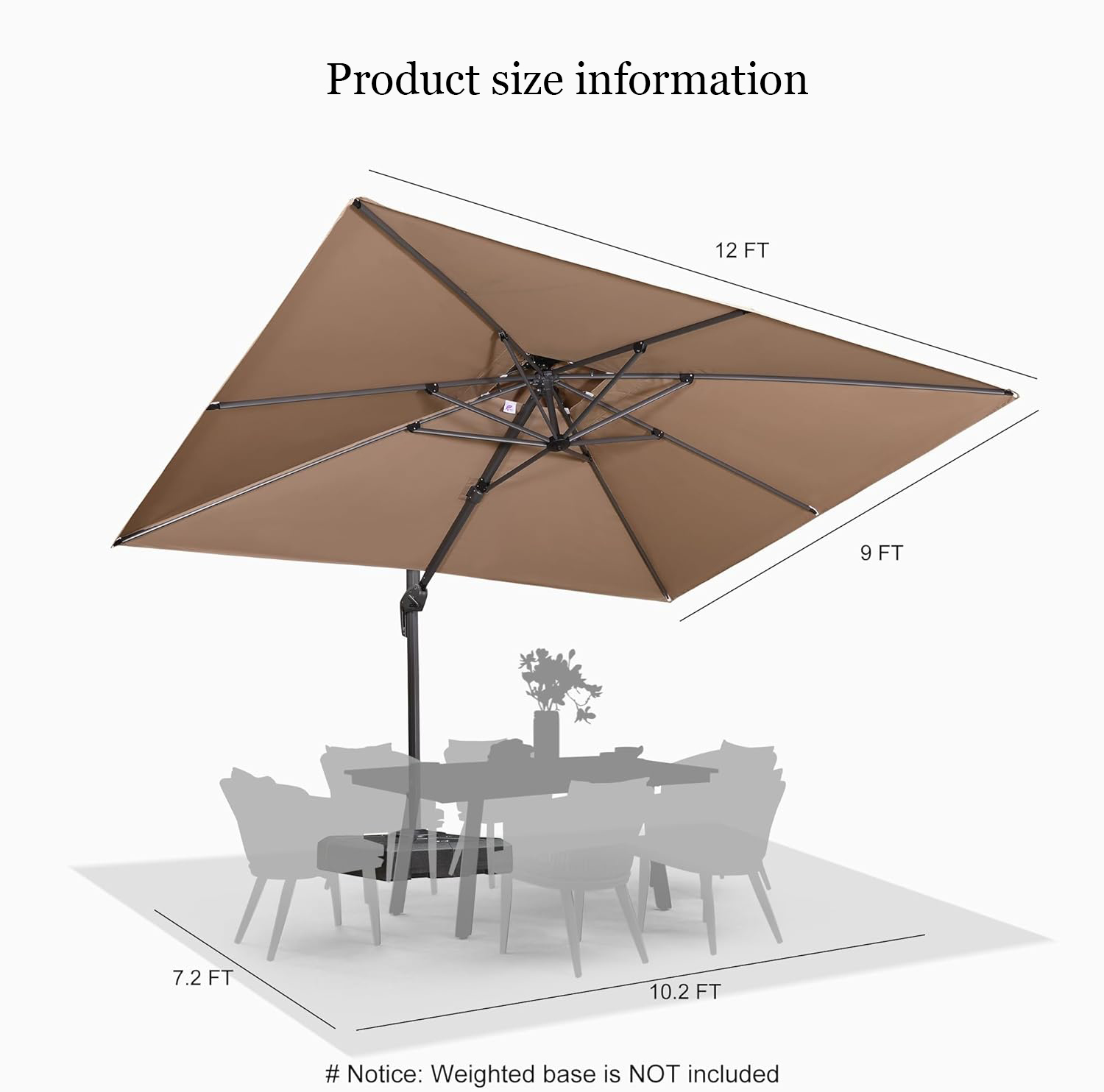 PURPLE LEAF Outdoor Cantilever Umbrellas 9' X 12' Rectangle Large Patio Umbrella Offset Umbrella with 360°Rotation Tilting And Hanging Double Top, Taupe