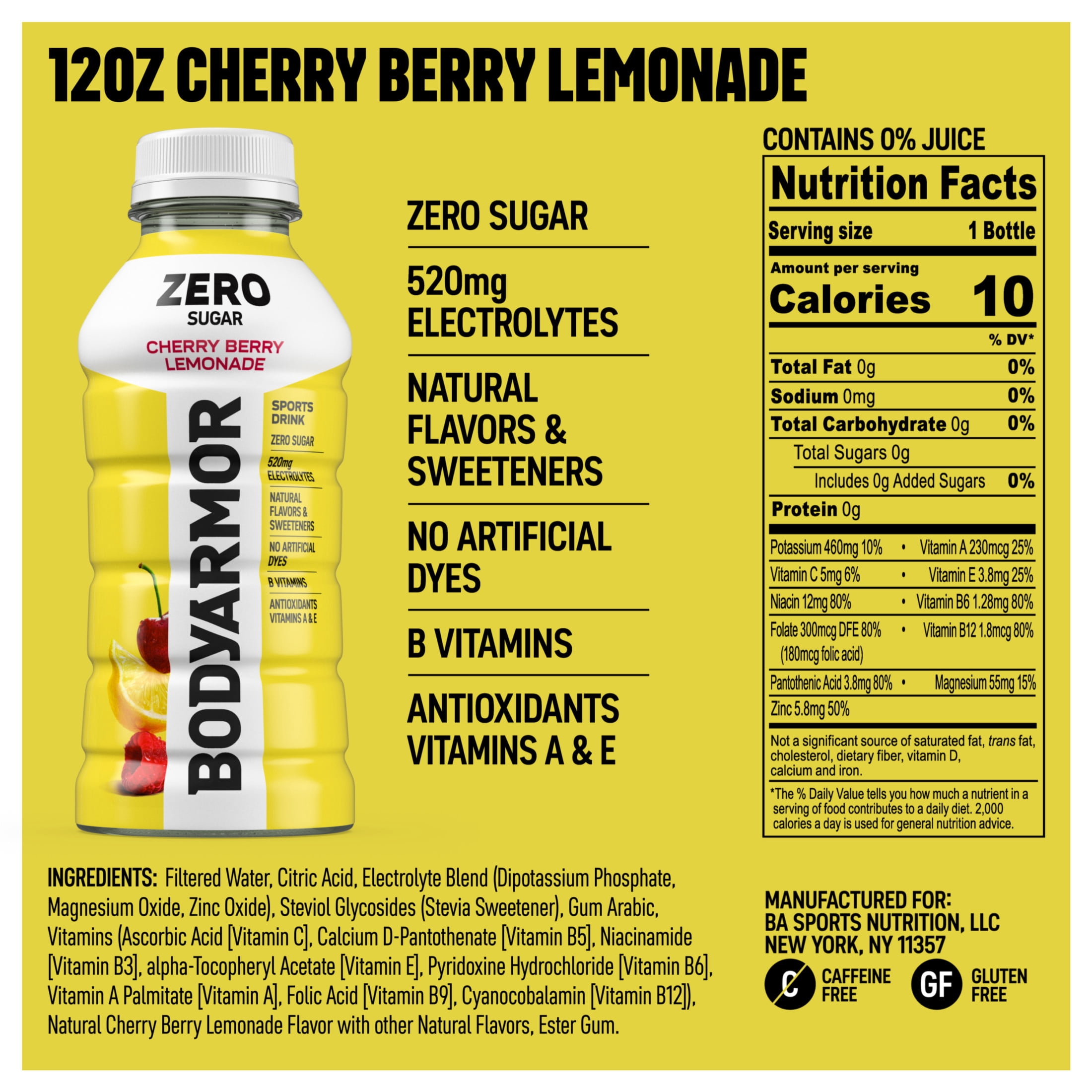 BODYARMOR Zero Sugar Cherry Berry Lemonade Electrolyte Sports Drink Bottles, 12 fl oz, 8 Pack