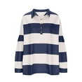 thumbnail image 3 of dGslk Womens Long Sleeve Striped Polo Shirt Loose Fit Casual Button Down Pullover Lightweight Top for Everyday Wear Dark Blue L, 3 of 7