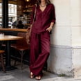 thumbnail image 5 of Guieoi Matching Outfits for Women Solid-Color Cotton-Linen Wide-leg Pants Set V-neck Button-down Long-sleeve Loose-fit Top + High-waisted Pants Two-Piece Set Red M, 5 of 9