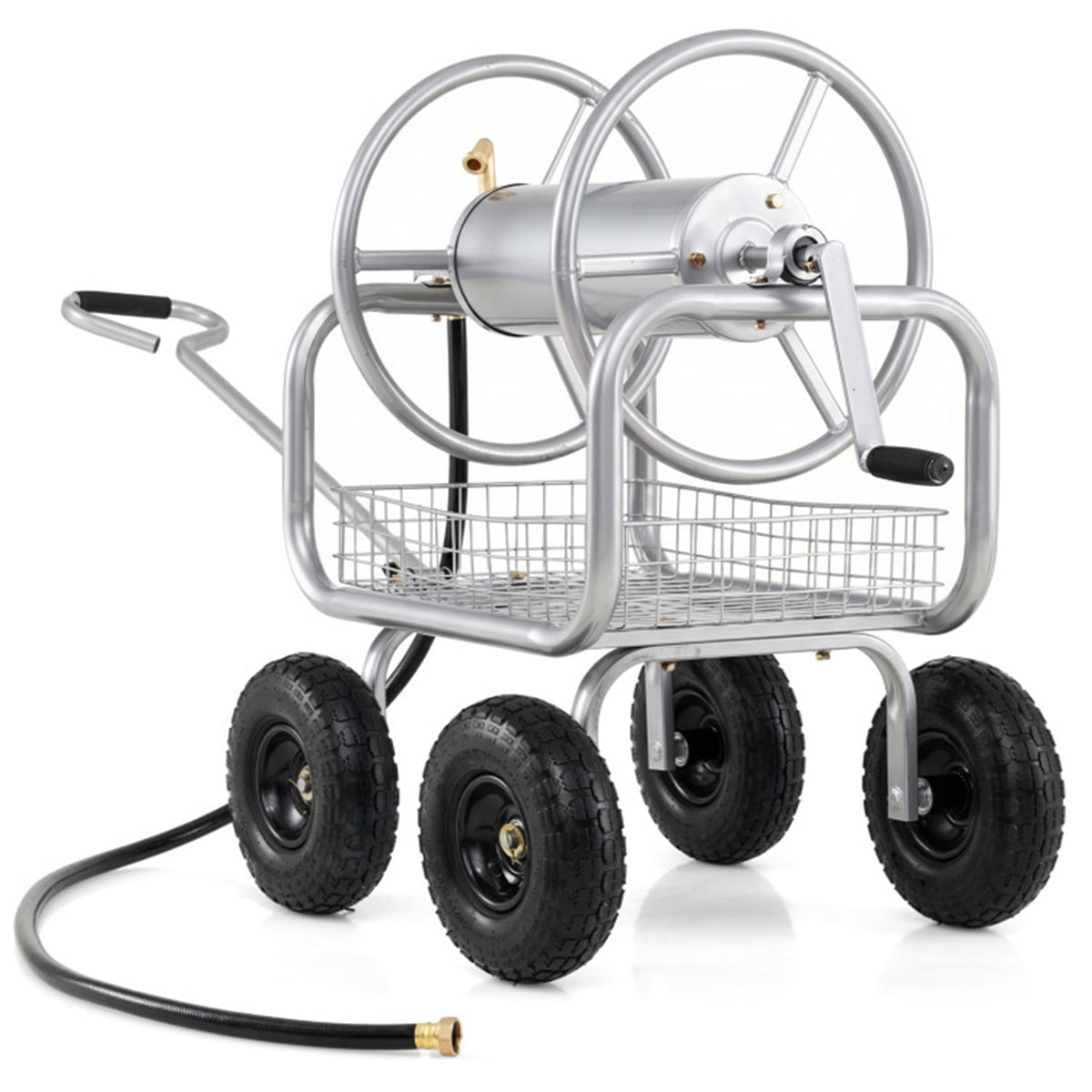Heavy Duty Garden Hose Reel Cart with 10 Inch Pneumatic Wheels 300 FT Large Capacity Hose Winder with Storage Basket and Brass Fittings Mobile Outdoor Water Hose Holder Silver